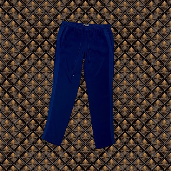 Vince Navy Blue 100% Silk Drawstring Waist Tapered Slim Leg Tuxedo Stripe Pants - Picture 2 of 16